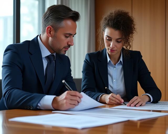 Professional legal team discussing a contract in a modern boardroom with industrial accents