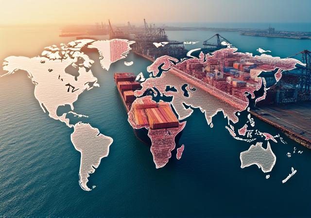 Global shipping containers and trade routes map
