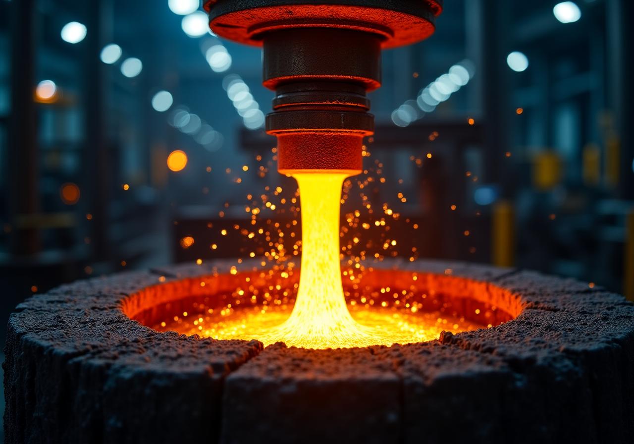 Molten metal being poured in a professional industrial setting