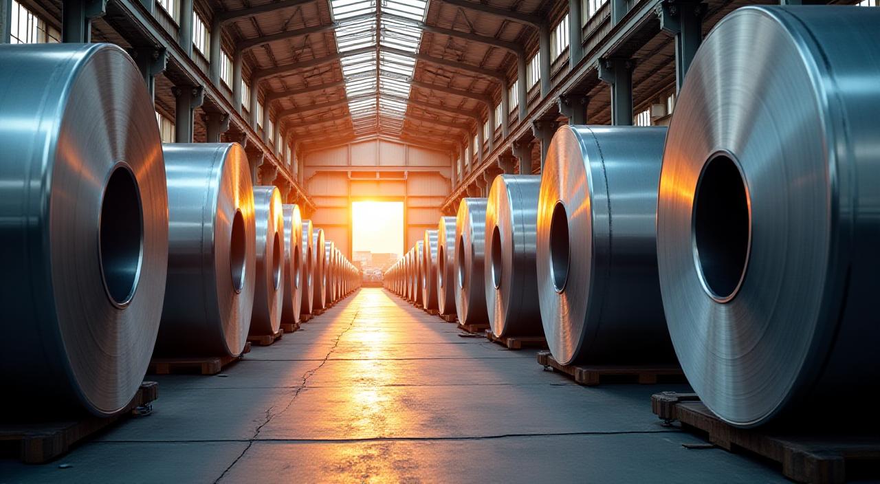 Stacked rolled steel coils in a professional industrial warehouse during sunset